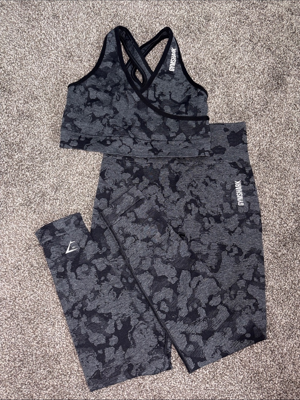 Gymshark Charcoal Adapt Camo Seamless Sports Bra and Leggings Set